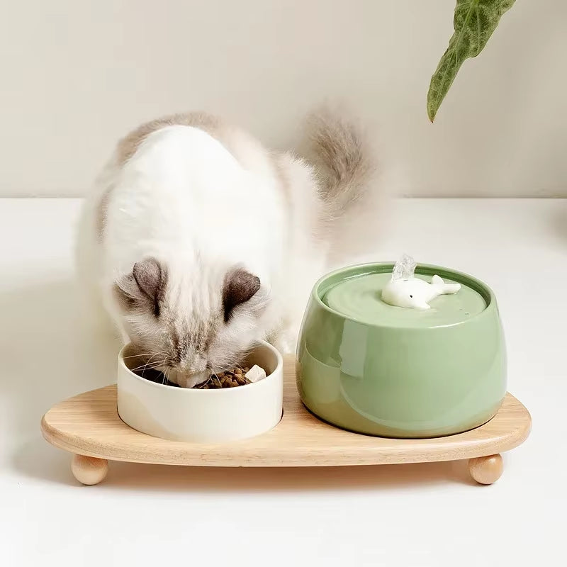 1300Ml Cat Water Fountain Ceramic USB Charging Pet Drinker with Filter Small Dogs Water Dispenser with Wooden Stand